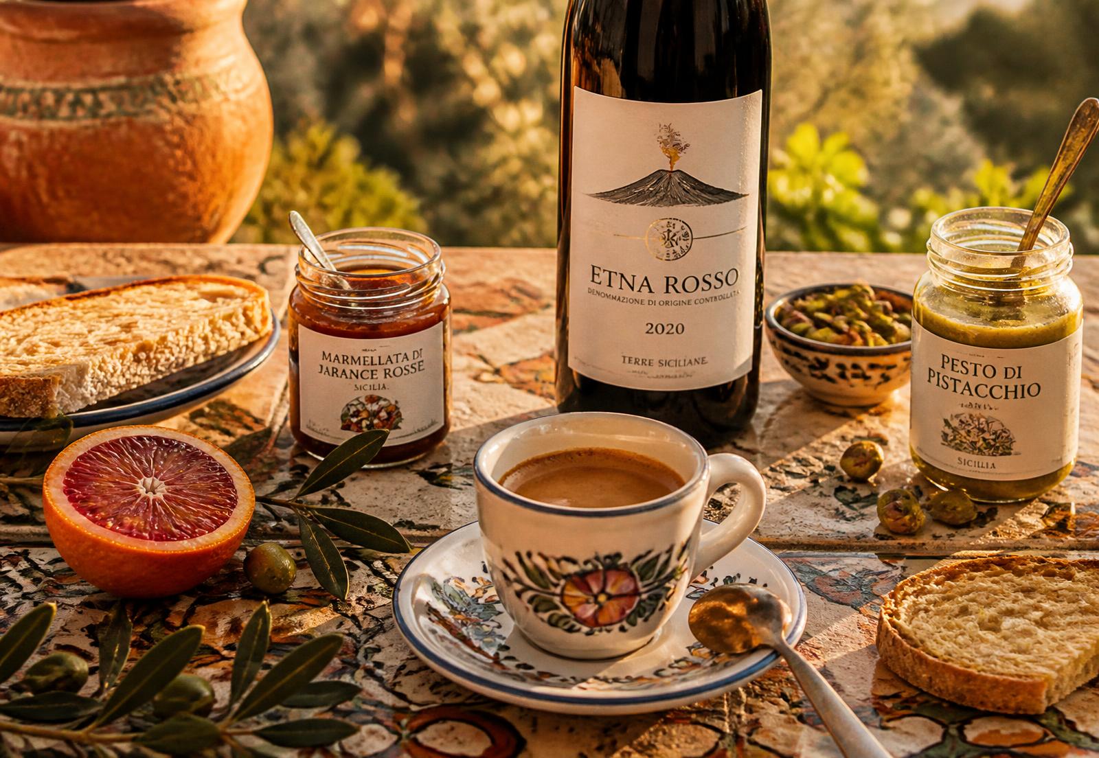 Paesaggio siciliano con caffè, vini dell'Etna e prodotti tipici